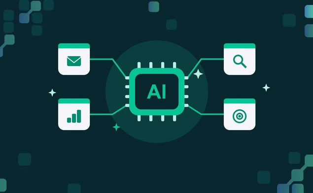 AI marketing illustration: an AI chip connected to email, analytics, search and targeting tiles